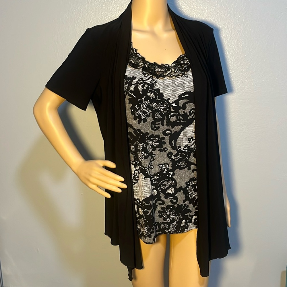 2 Piece Perseption Concept Black Lace Front Ruffle Blouse w/ Cardigan